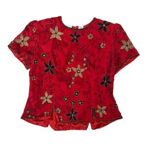 Vintage Scala silk beaded sequin top womans size XL formal red golden girls